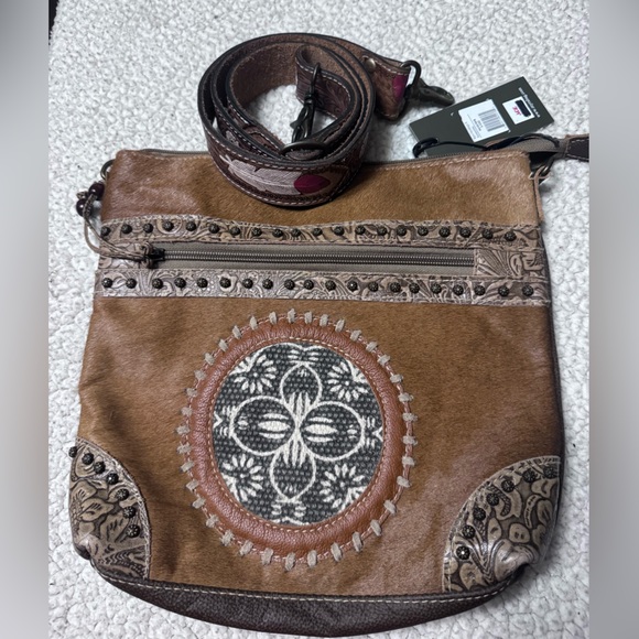 Myra Fidato Leather Brown Hairon Cross Body Bag Embossed Guitar Strap - Picture 5 of 5